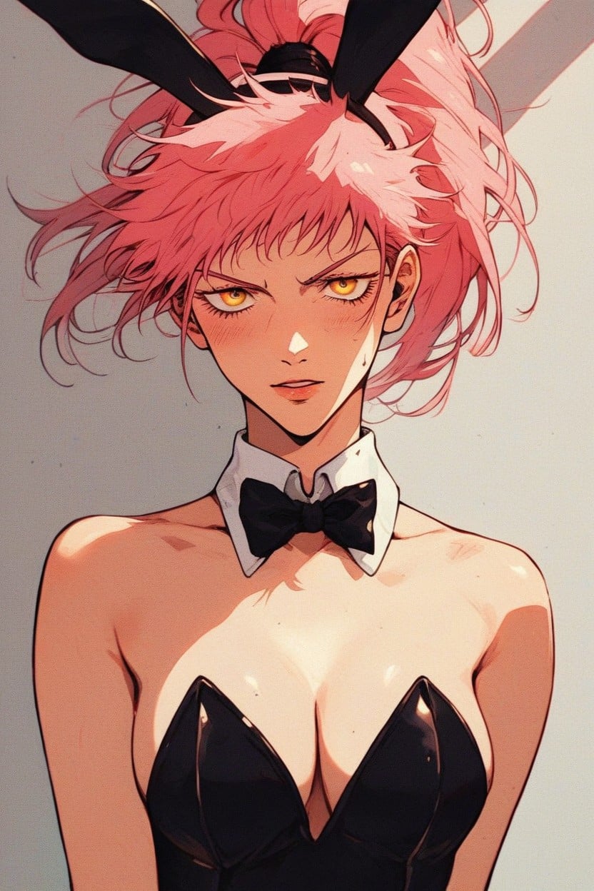 Pink Hair Pulled Back In A High Ponytail With Loose Strands In Front A Face, 兔子服装, 25+ AI黄片