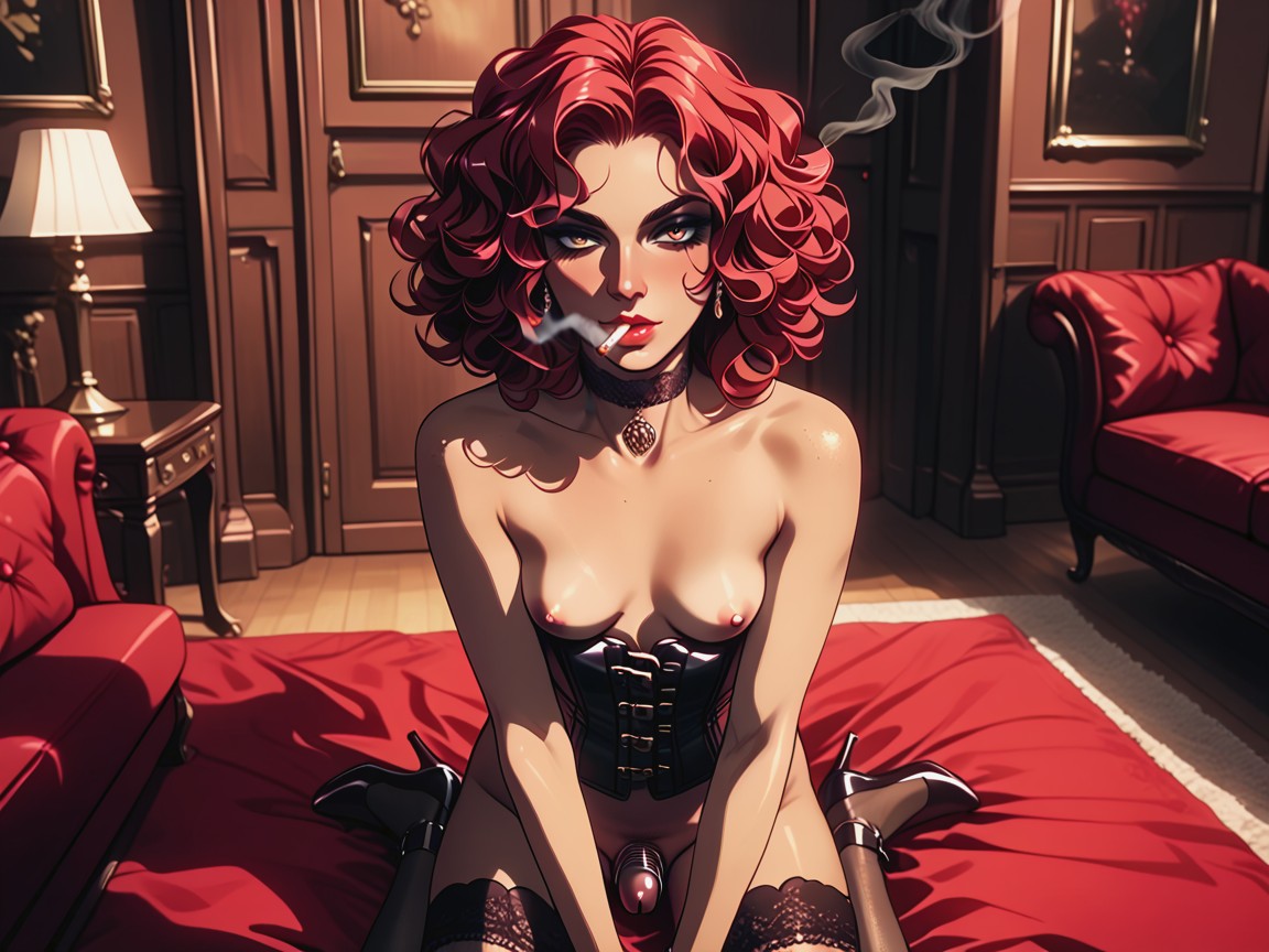 Nipples, Lace Corset, She Smokes A Cigarette AI黄片