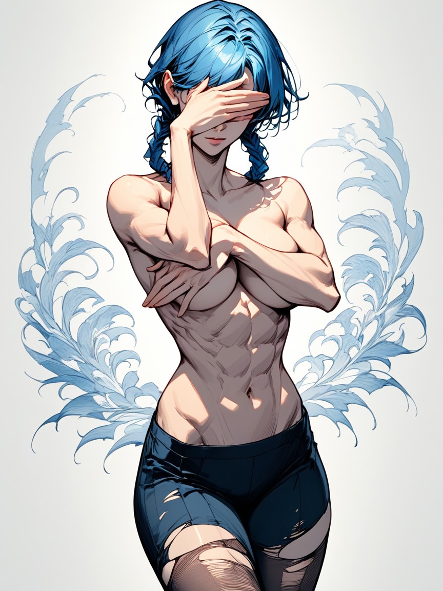 Blue Hair, Pink Eyes, Navel Exposed AI黄片