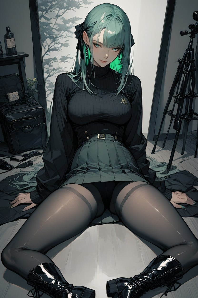 坐下双腿分开, Lying With Her Legs Spread On The Tiled Floor She Is Wearing Black Stockings/tights, Sexy Mirror Selfie AI黄片