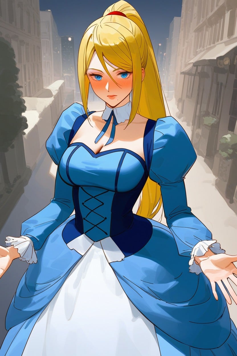 Samus Aran, Intricate Blue Princess Dress, Blushing AI黄片