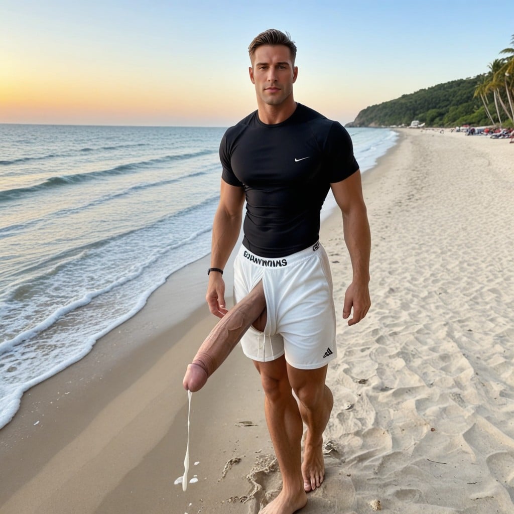 Hands On Side, Man With Exaggerated Giant Hyper Penis Outline In Beach, Huge Cocks AI黄片