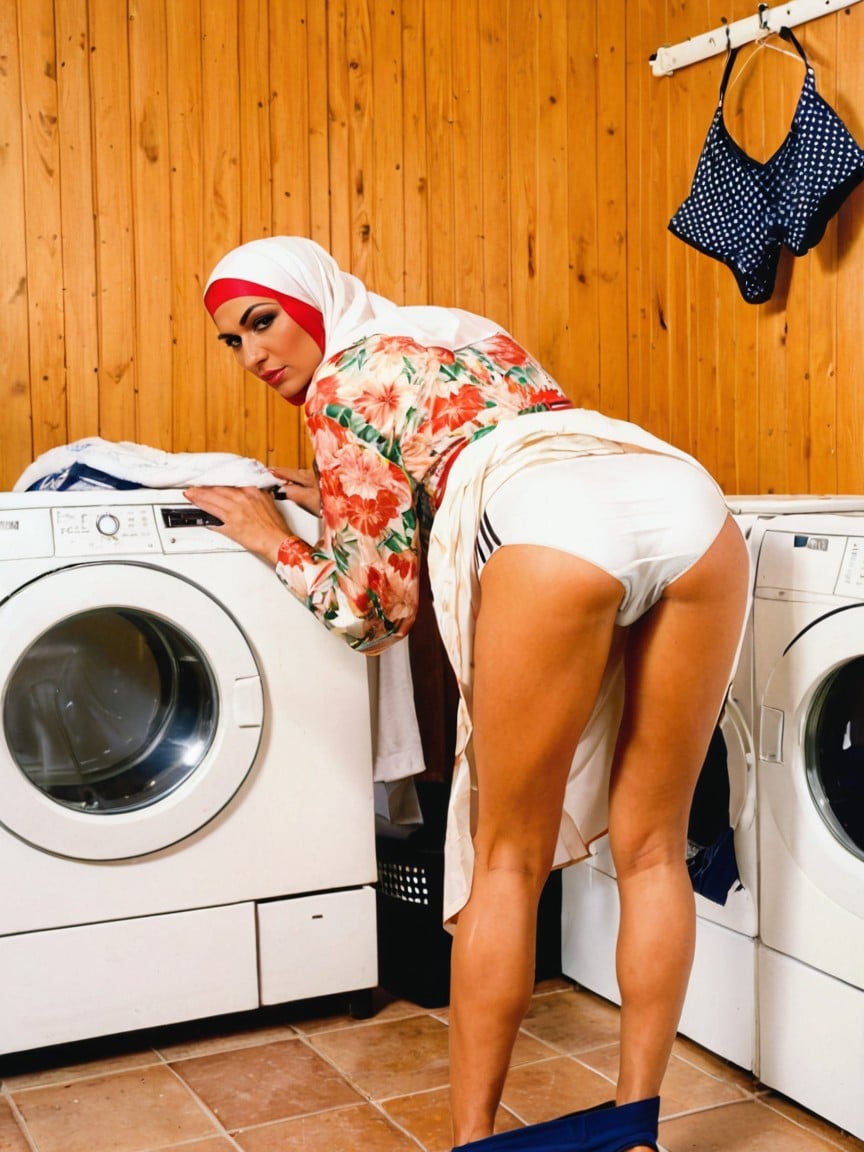 Hyper Jordanian Facial Features, Holding Boxer Briefs To Her Face, Viewer Fov Is Of A Jordanian Mature Woman With A Hijab In A Traditional House Dress AI黄片